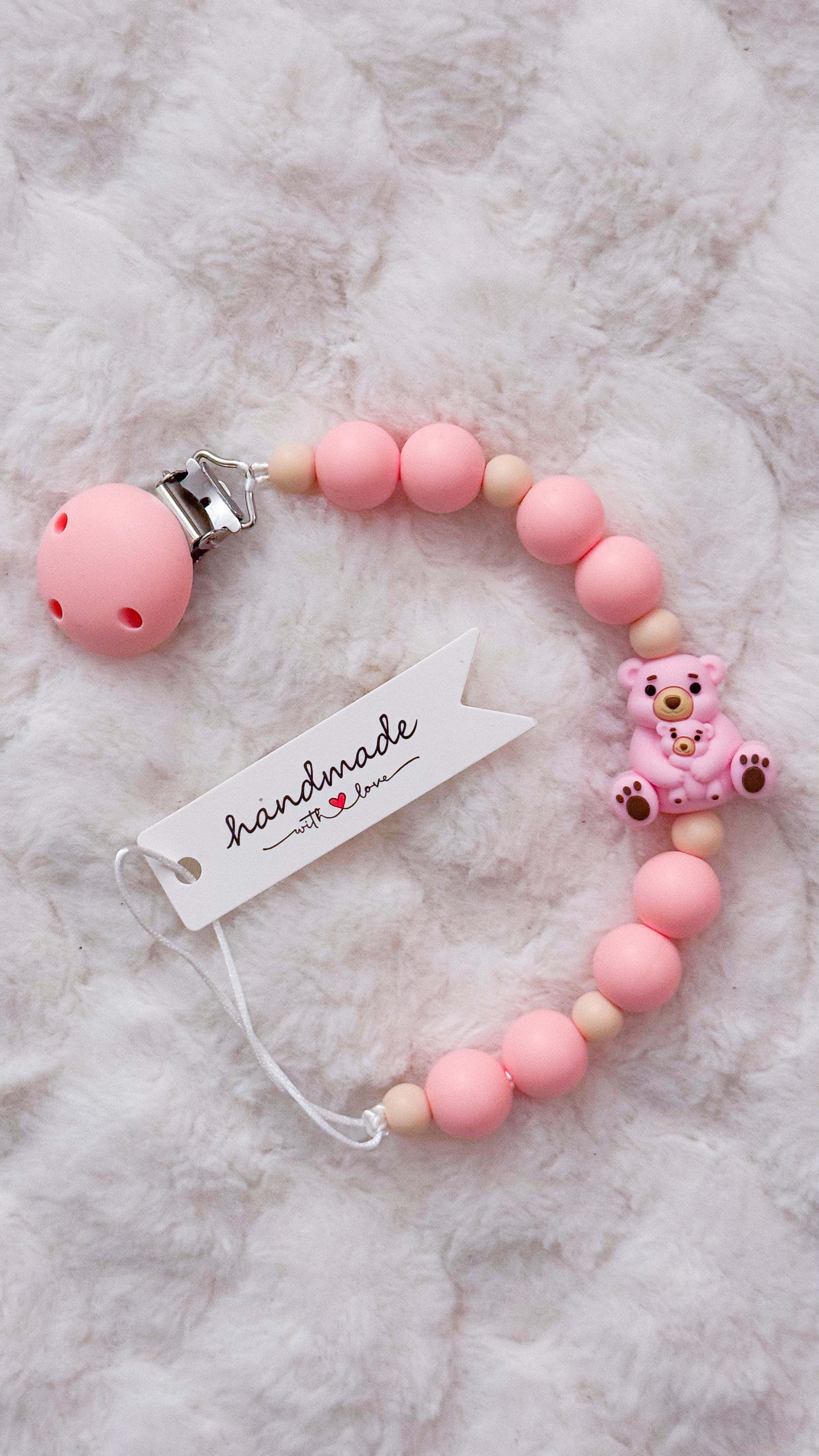 Outseam Pacifier Clip Teddy Bears in Violet — handmade pacifier holder