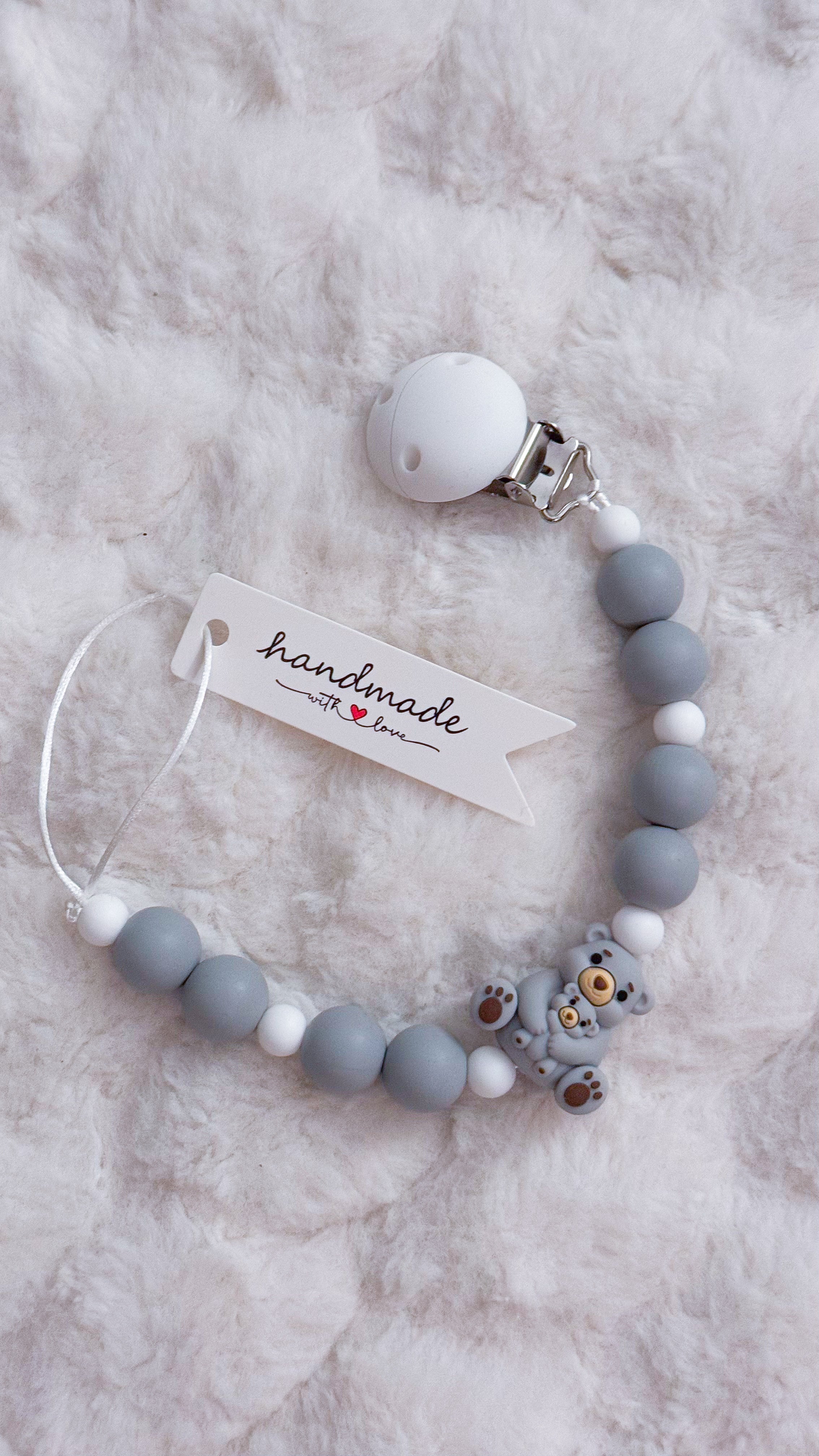 Outseam Pacifier Clip Teddy Bears — handmade pacifier holder with silicone beads