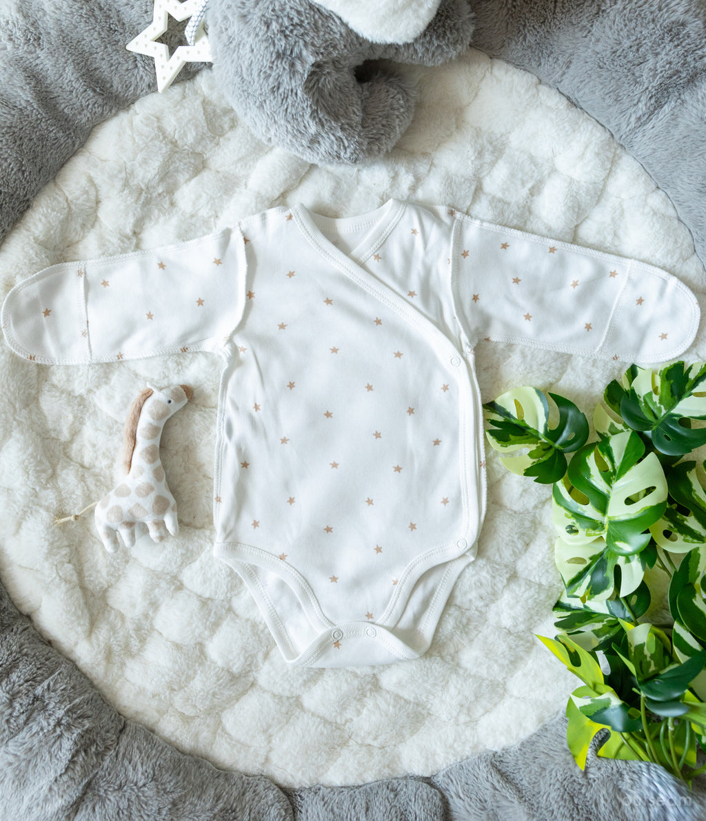 Outseam Bodysuit - Brown Stars — soft cotton baby bodysuit with outward seams
