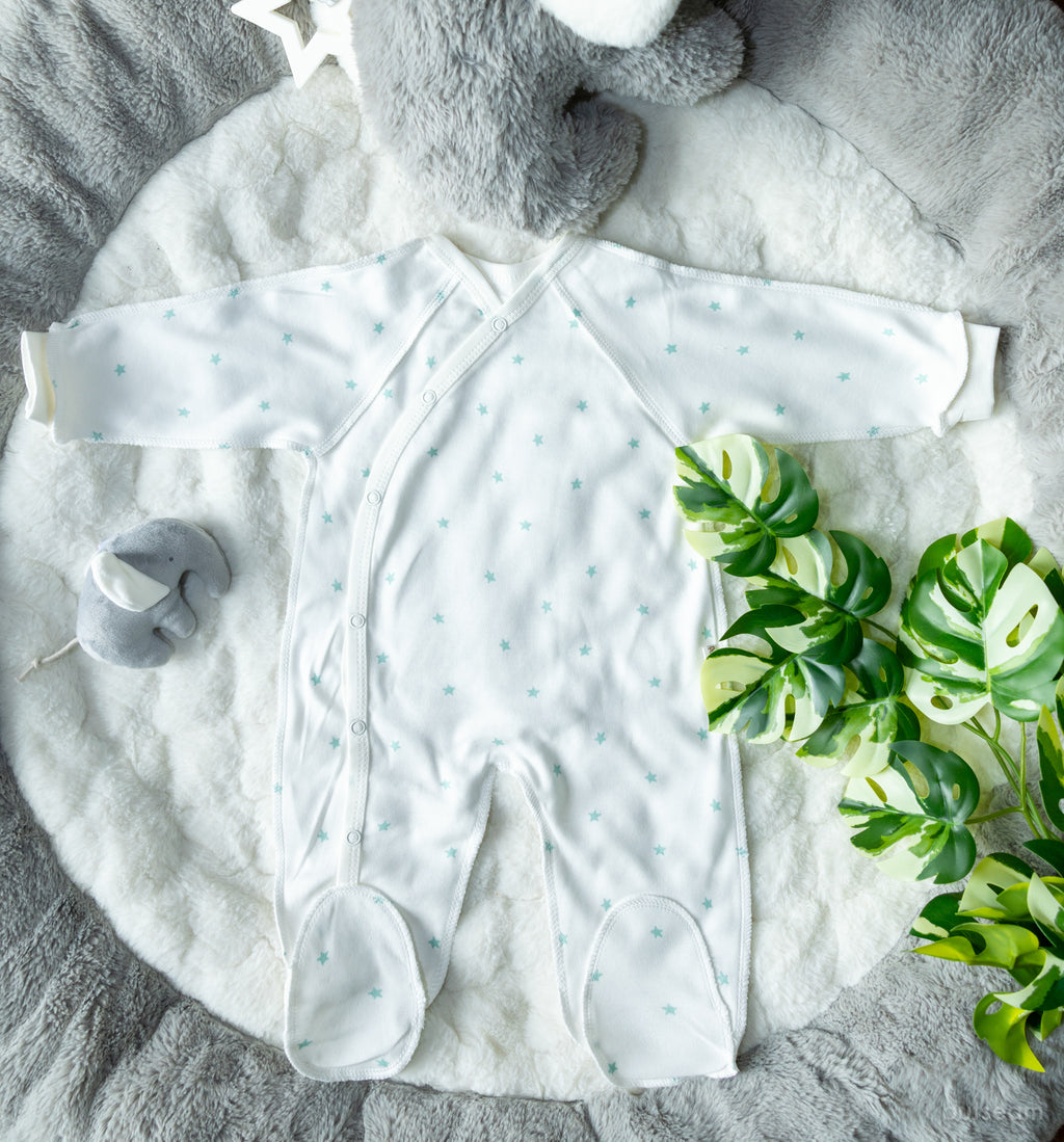 Outseam Sleepsuit Outseam - Mint Stars — soft cotton baby sleepsuit with outward seams